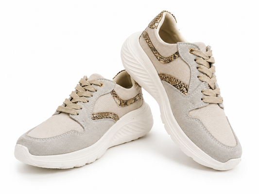 Tenis Génesis en carnaza gris y folia anaconda