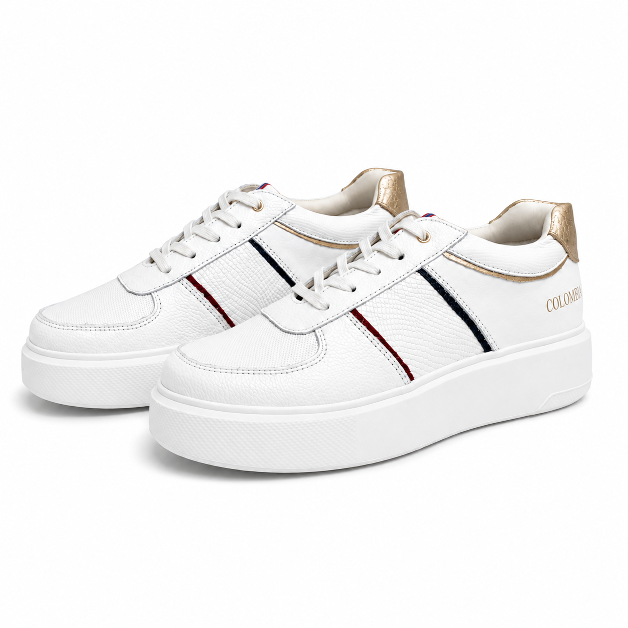 TENIS COLOMBIA EN CUERO BLANCO X TRICOLOR
