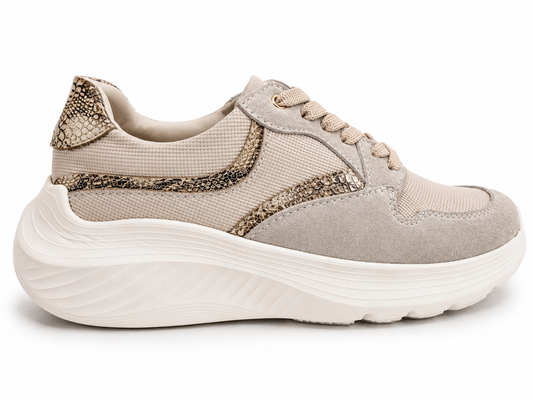 Tenis Génesis en carnaza gris y folia anaconda