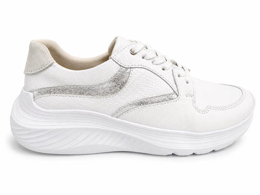 Tenis Génesis blanco y plata en cuero